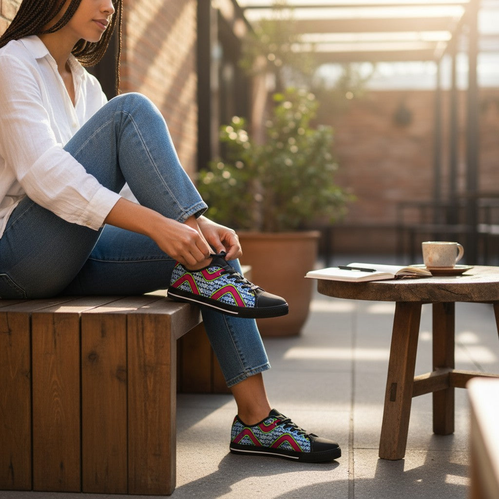 Femme portant des baskets KAKIPS Évasion Zebra en toile à motifs wax colorés sur une terrasse ensoleillée.