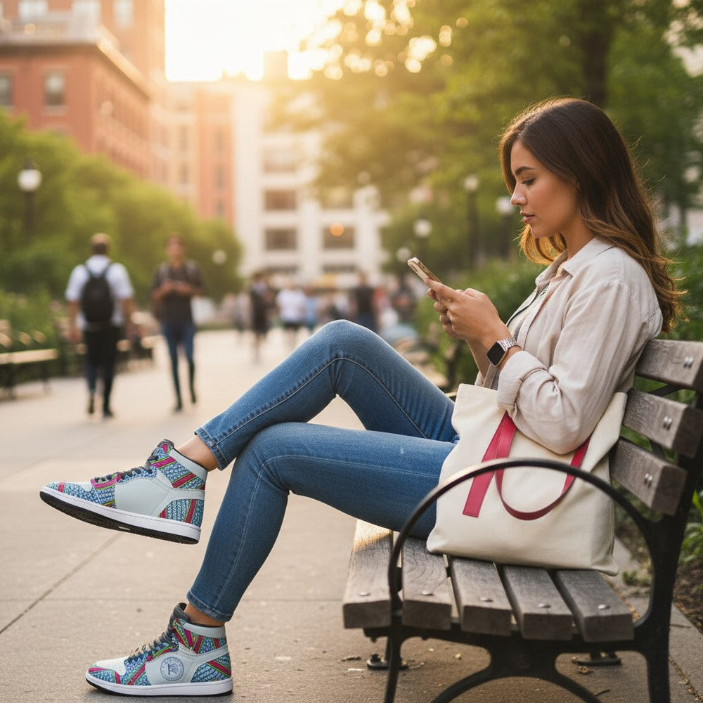 Femme assise sur un banc portant des baskets montantes KAKIPS Urban Zebra à motifs wax colorés et détails blancs