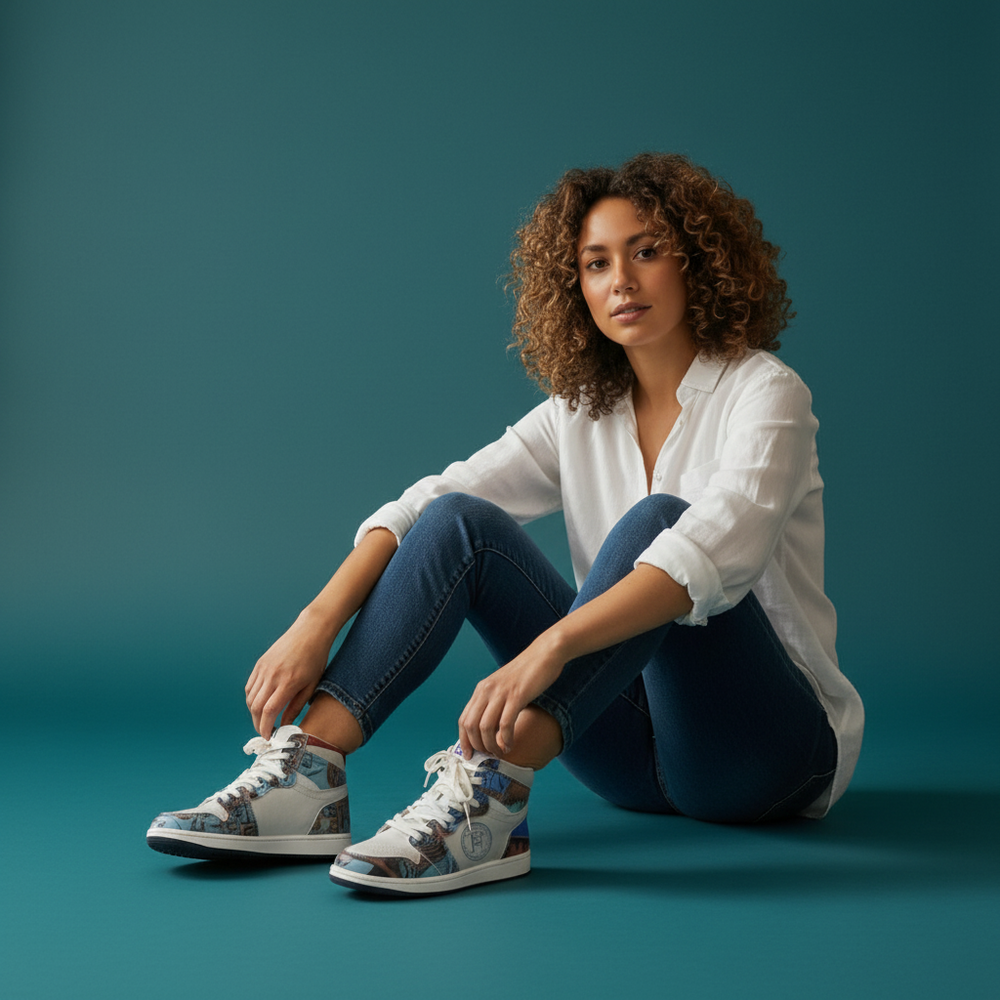 Femme portant des baskets montantes KAKIPS Urban Indigo à motifs wax africains sur fond bleu
