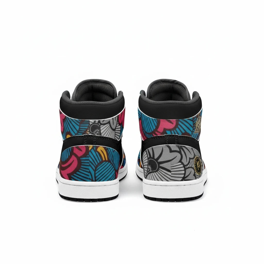Vue arrière des baskets montantes KAKIPS Urban Multicolor avec motif wax africain aux couleurs vives