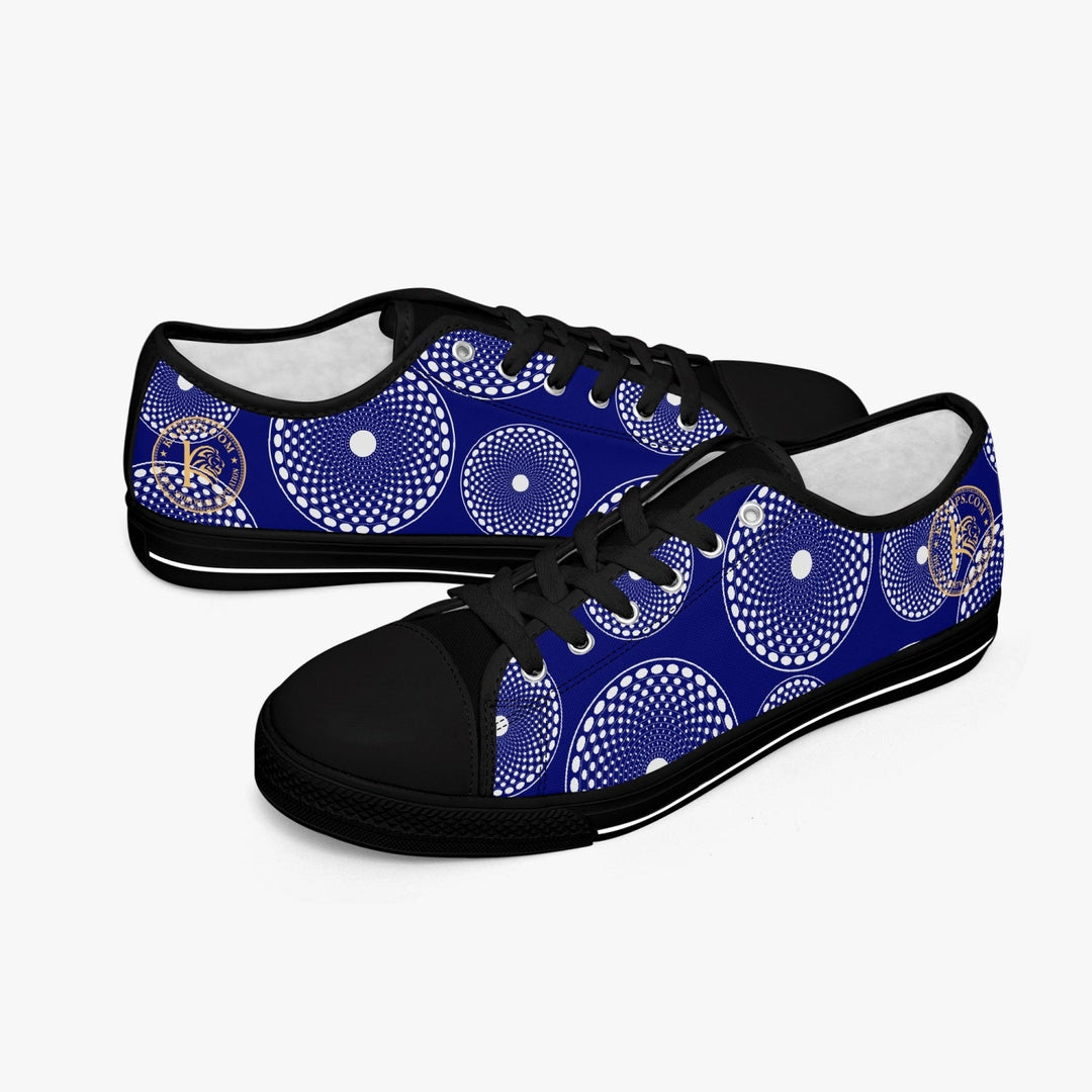 Sneakers KAKIPS Évasion BlueNight en toile bleu nuit avec motif wax géométrique blanc et embouts noirs
