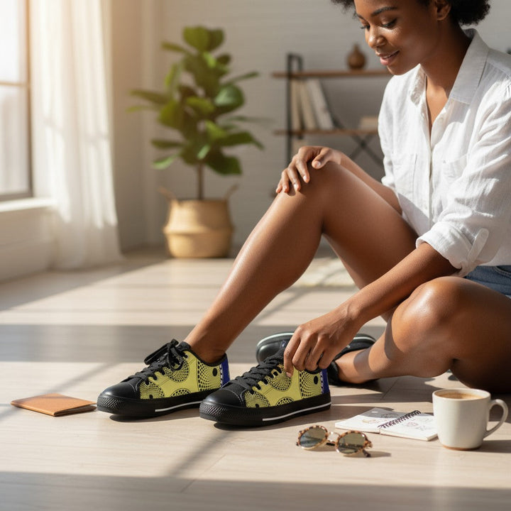 Femme assise au sol enfilant des baskets KAKIPS Évasion BlueSun en toile jaune et noire à motifs wax inspirés.