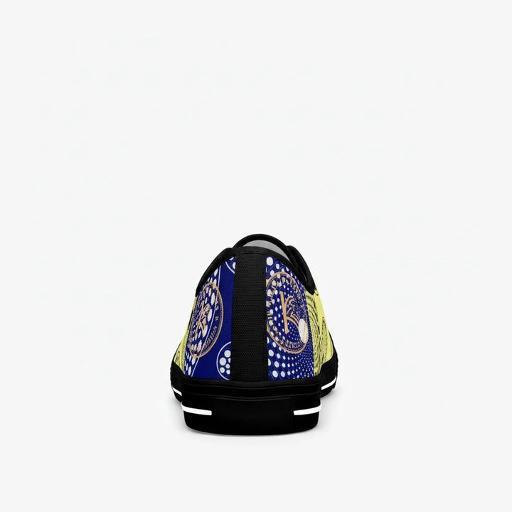 Vue arrière de la sneaker KAKIPS Évasion BlueSun en toile jaune et bleue avec motif wax et semelle noire