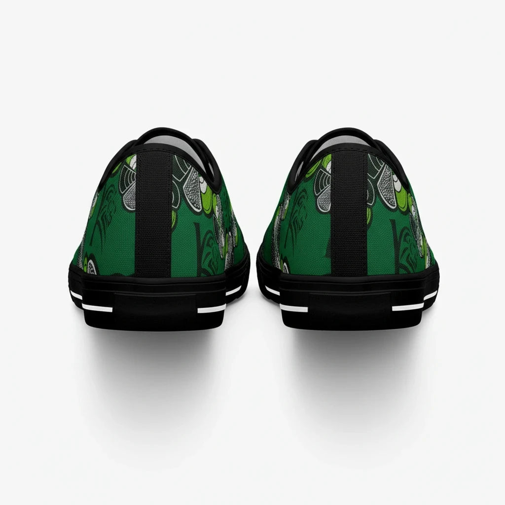 Vue arrière des baskets KAKIPS Évasion Lagos en toile verte avec motif wax africain et semelle noire