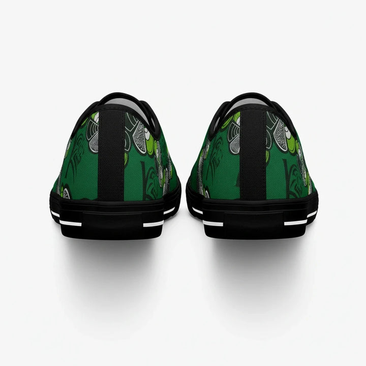 Vue arrière des baskets KAKIPS Évasion Lagos en toile verte avec motif wax africain et semelle noire
