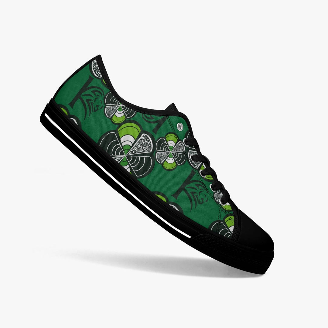 Sneaker KAKIPS Évasion Lagos en toile verte à motifs wax noirs et blancs avec semelle noire