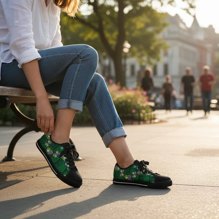 Sneakers KAKIPS Évasion Lagos en toile verte à motifs wax portées par une femme sur un banc en ville