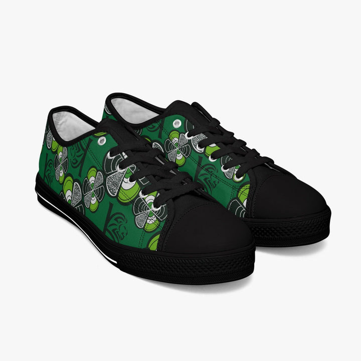 Sneakers KAKIPS Évasion Lagos en toile verte à motifs wax africains noirs et blancs avec embouts noirs