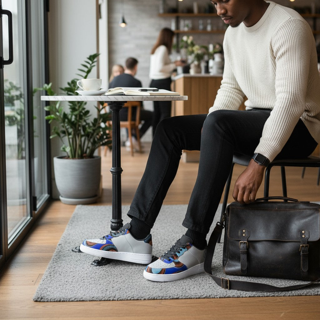 Homme portant des baskets KAKIPS Prestige Indigo à motif wax bleu et gris dans un café moderne.