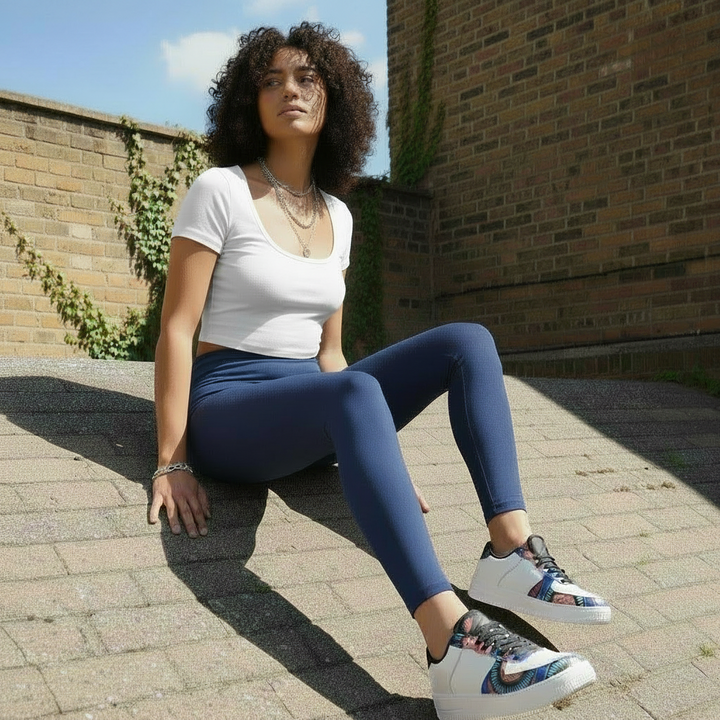 Femme portant des baskets KAKIPS Prestige Indigo à motif wax africain bleu et blanc, assise sur un muret en briques.