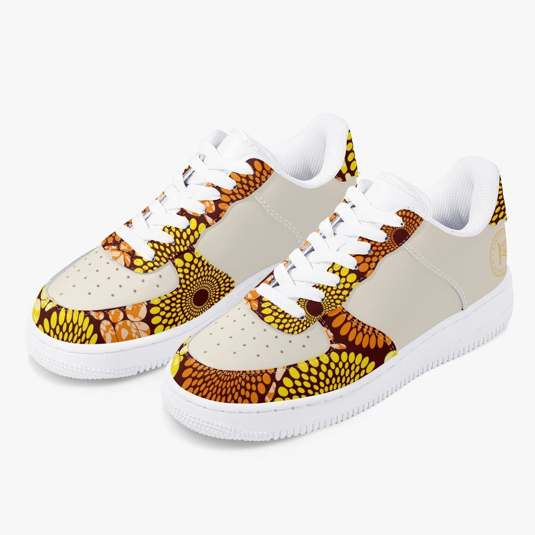Baskets basses KAKIPS Prestige Savane en tissu avec motif wax africain aux tons chauds jaune et orange