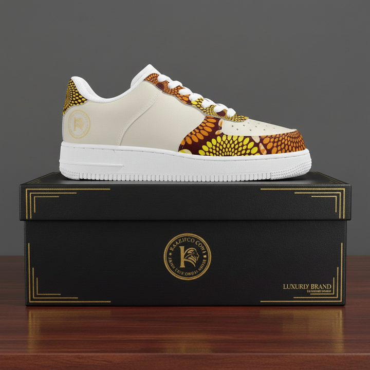 Sneaker basse KAKIPS Prestige Savane en tissu beige avec motifs wax africains aux tons chauds sur une boîte noire