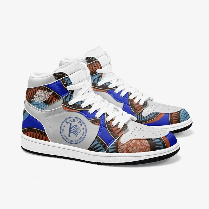 Sneaker montante KAKIPS Urban Indigo avec motif wax africain bleu et marron sur fond blanc