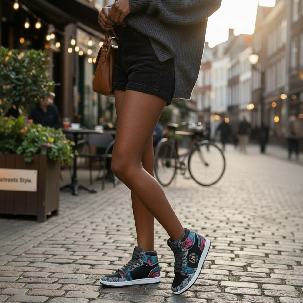 Sneakers montantes KAKIPS Urban Multicolor avec motifs wax africains vifs portées dans une rue pavée