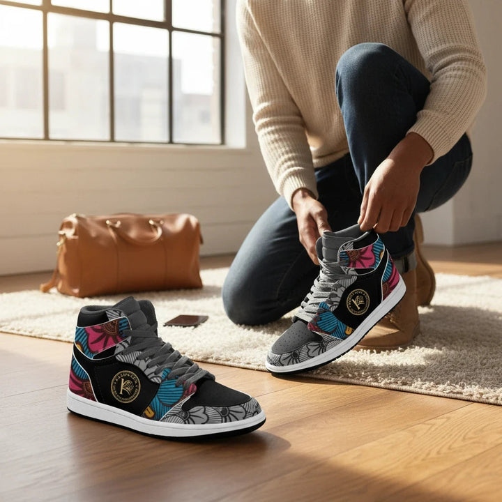 Sneakers montantes KAKIPS Urban Multicolor avec motifs wax africains vifs, portées par un homme en jean et pull beige.