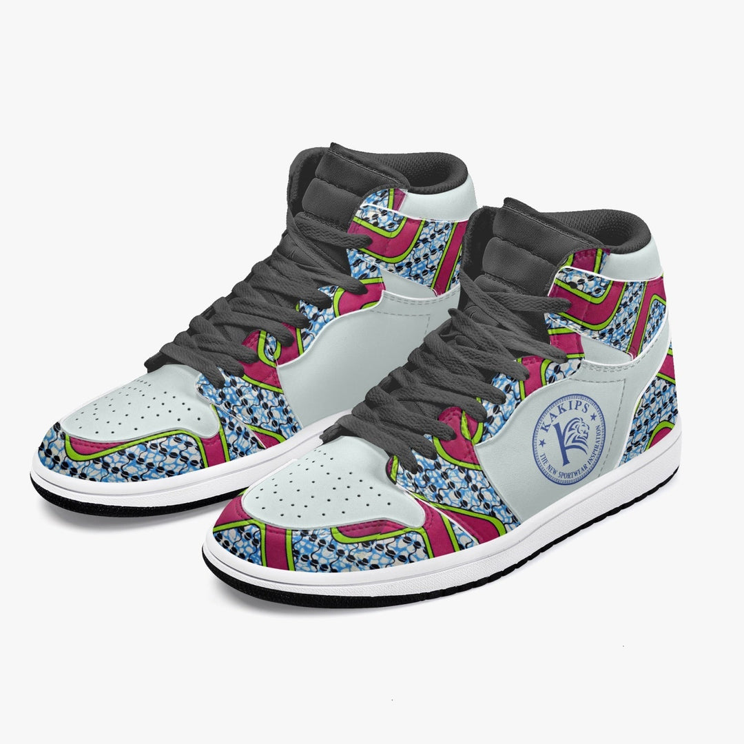 Sneakers montantes KAKIPS Urban Zebra avec motif wax africain coloré, détails noirs et blancs et logo latéral.