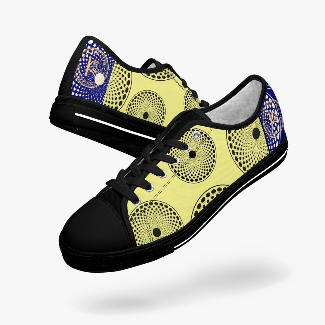 Sneakers KAKIPS Évasion BlueSun en toile jaune et bleue avec motif wax géométrique et détails noirs