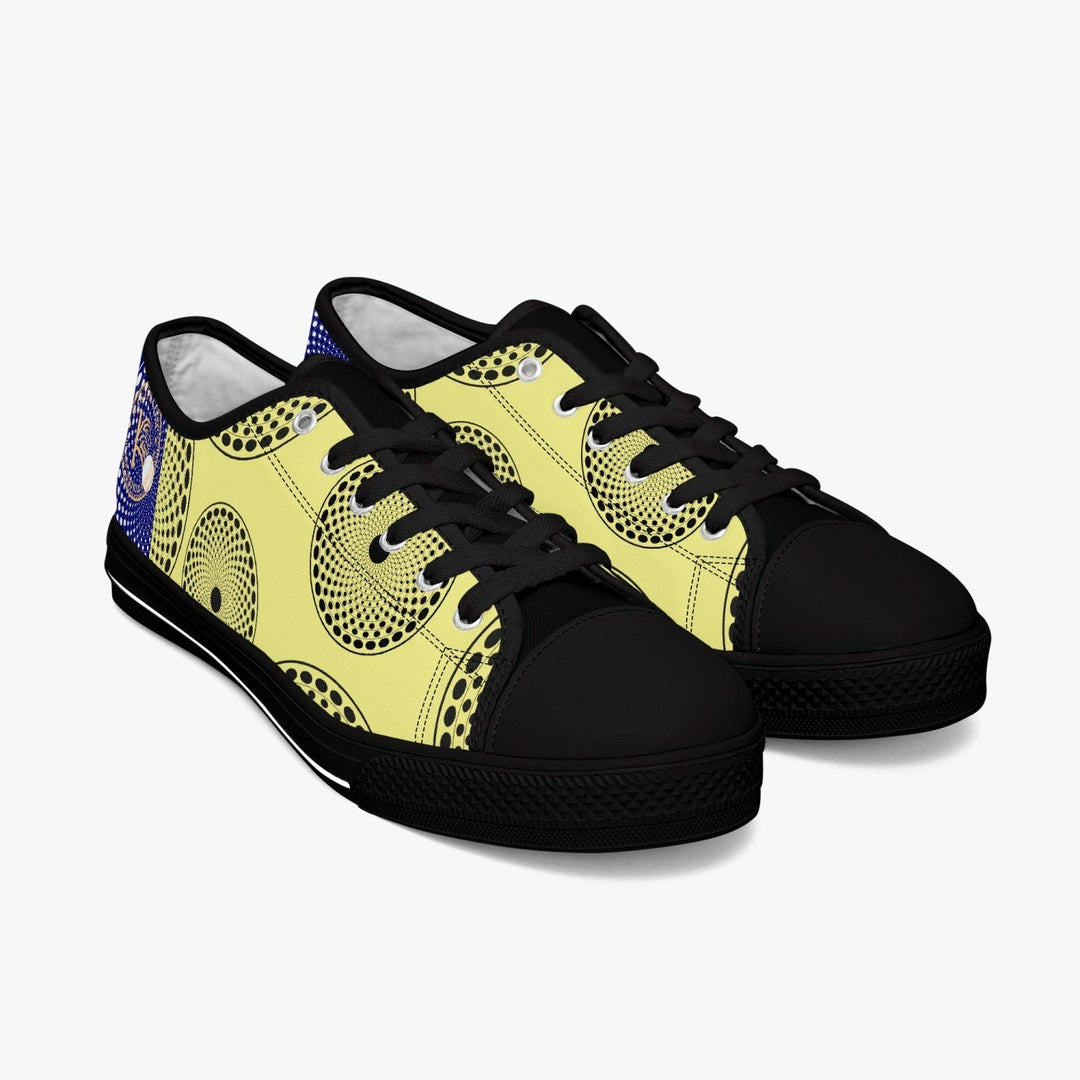 Sneakers KAKIPS Évasion BlueSun en toile jaune et bleue avec motif wax africain et embout noir