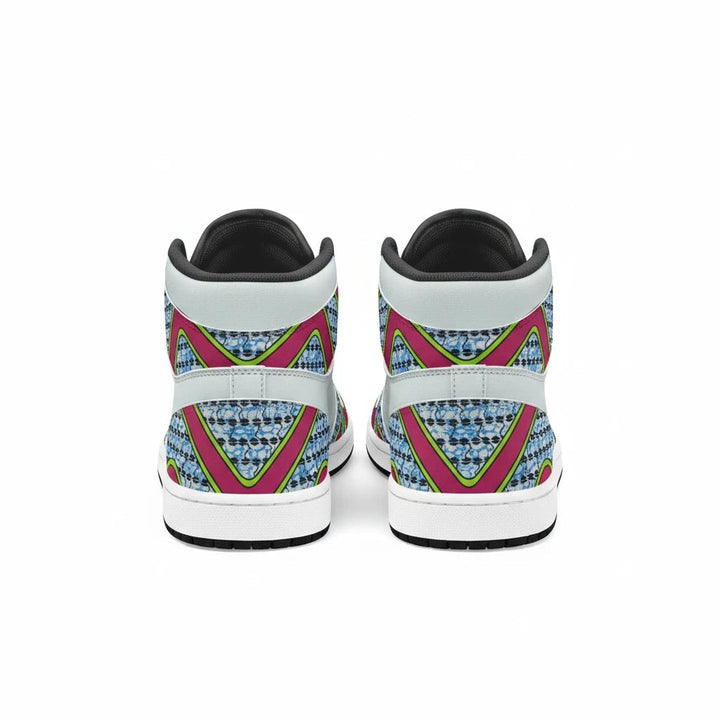 Vue arrière des baskets montantes KAKIPS Urban Zebra avec motif wax coloré et détails géométriques rose et bleu