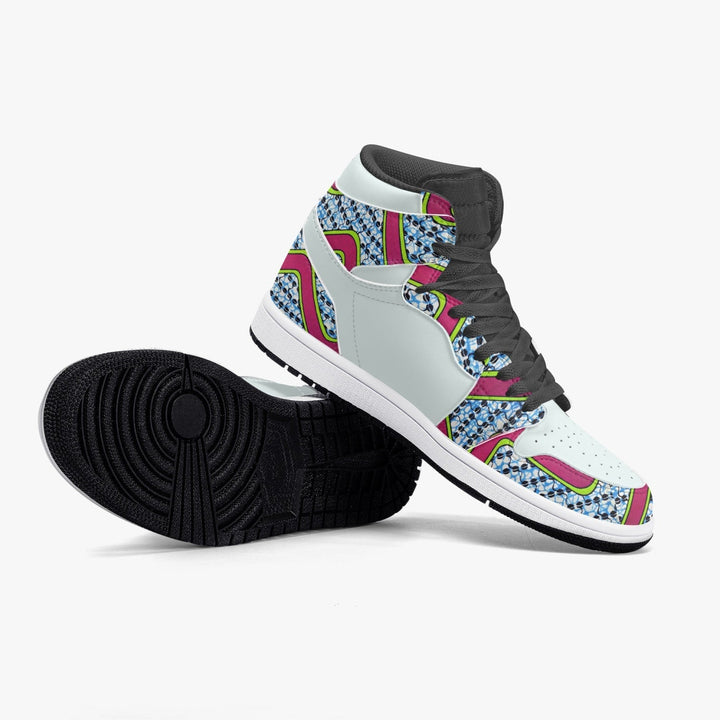 Sneaker montante KAKIPS Urban Zebra avec motif wax africain coloré, détails roses et semelle noire